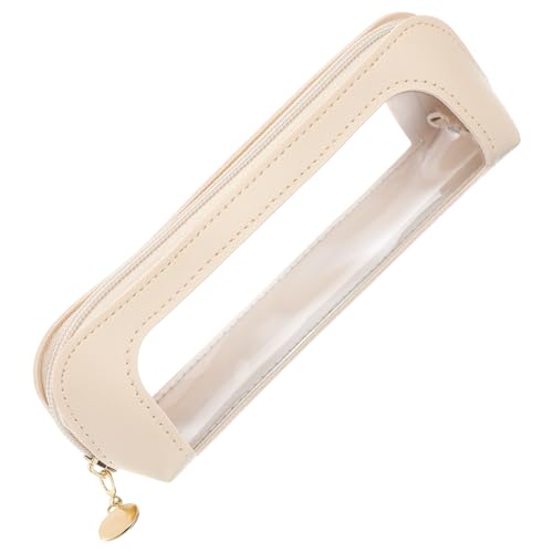 1 PCS Clear Pencil Case with Zipper PU Leather Clear Makeup Brush Bag Double Sided Toiletry Bag Portable Skincare Cosmetic Bags Transparent Waterproof Cosmetic Organizer Storage Bags for Women(Beige)