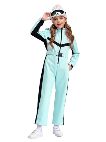 Hansber Kids Girls One Piece Ski Jumpsuit Removable Hooded Snowsuit with Belt Skiing Snowboarding Hooded Coveralls