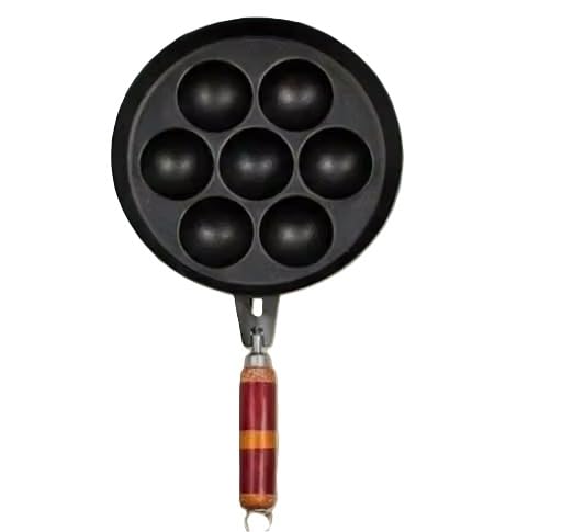 Image of 7 Cavity Iron Appam Patra with Wooden Handle | Paniyaram Appe Maker PanBlack