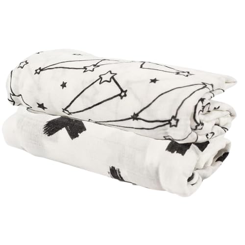 Image of Iron Lily Muslin Swaddle Blankets for Baby Boys & Girls -70% Rayon derived from Bamboo 30% Cotton Black & White Muslin Blanket Baby Receiving Muslim Infant Wrap Swaddles Stars, Plus/X Signs, 2pk