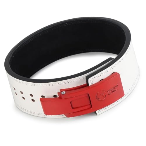 Image of 13MM Lever Gym Belt for Men & Women | 100% Full Grain Genuine Leather Powerlifting Belt | IPF Standard Weight Lifting Belt | White Belt with Red Buckle | Size Extra Large