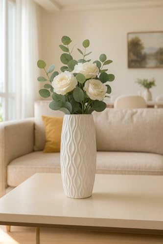 Image of Sphinx 8.5 Inch Ceramic Flower Vase Textured Glossy White - Modern Cylindrical Table Vase for Living Room, Bedroom & Office Decor 1 pcs