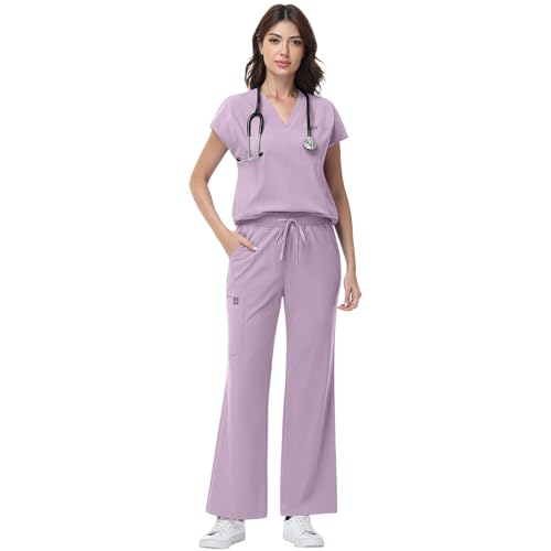 niaahinn Scrub Set for Women - V-Neck Scrub Top & Wide-Leg Pants Medical Uniforms with Stretch Fabric Multiple Pockets (Small Lavender)