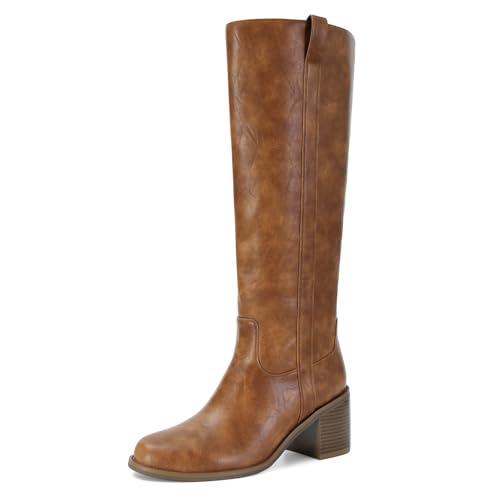 SOVANYOU Brown Knee High Boots Chunky Block Heel Tall Boots for Women Fall Winter Riding Boot Comfy Dress Long Boot