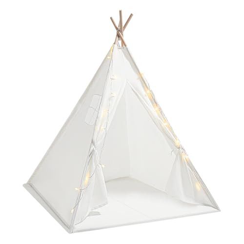 Tienda infantil de 120 x 120 x 140 cm, con luz, tipi blanco, 1,6 m, algodón, lino, para dormitorio, jardín, playa, cabaña, juego interior exterior con alfombra guirnalda 3 m