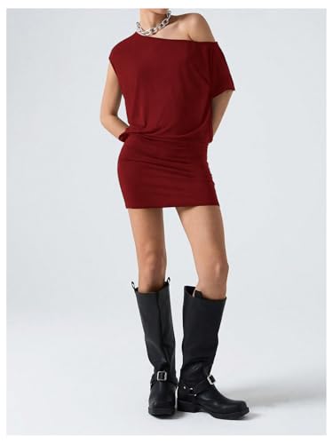 Image of SOLY HUX Women's Off The Shoulder Mini Dress Going Out Asymmetrical Neck Short Sleeve Casual Bodycon T Shirt Dresses