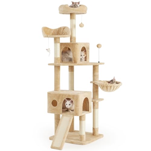 AIFY キャットタワー 大型猫用 多頭飼い 省スペース スリム 据え置き 安定強化構造 ハンモック付き 隠れ家付き 爪とぎ 見晴らし台 おもちゃ付き 運動不足解消 高さ170cm ベージュ