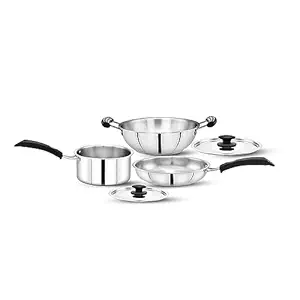 MAXIMA Stainless Steel 5 Piece Set Cookware | Kadai with Lid, Sauce Pan, Fry Pan |Minimum Oil Consumption and Long-Time Heat Retention | Easy to Carry and Clean | Size - 22 CM