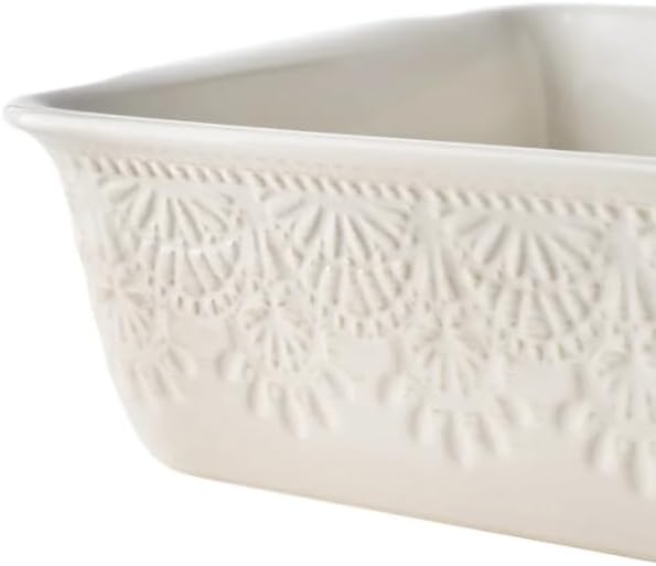 9" x 13" Vintage Lace Ceramic Casserole Baking Dish with Polypropylene Lid, Linen Color Stoneware Baker, Oven to Table Lasagna Pan