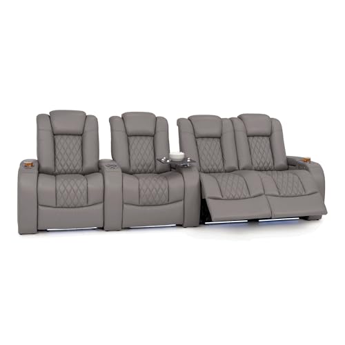 Image of Seatcraft Virtuoso LT Gray Italian Leather Home Theater Seating, Zero Gravity Power Recliner, Heat and Massage, Powered Headrest and Lumbar Gaming and Home Office Chair, Row of 4 Right Loveseats