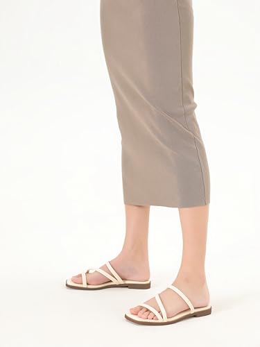 Image of LACUONE Strappy Flat Sandals For Women Slip On Square Open Toe Slides Sandals