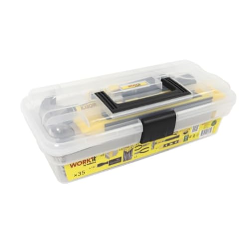 HOME It® Werkzeugkasten gefüllt 34-teilig – Werkzeugkoffer gefüllt mit Hammer, Zangen, Schraubendrehern & Bits – kompakte Toolbox aus transparentem Kunststoff