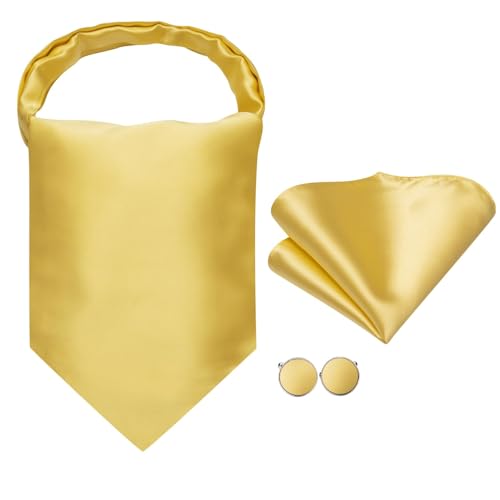 Image of Hi-Tie Silk Ascot for Men Self Tie Men's Cravat and Flower Lapel Pin Handkerchief Cufflinks Set for Wedding Party