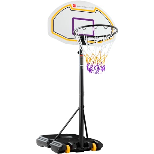 Best Choice Products Kids Height-Adjustable Basketball Hoop, Portable Backboard Set w/ 2 Wheels, Fillable Base, 70.5in to 82.3in Tall - Purple/Yellow