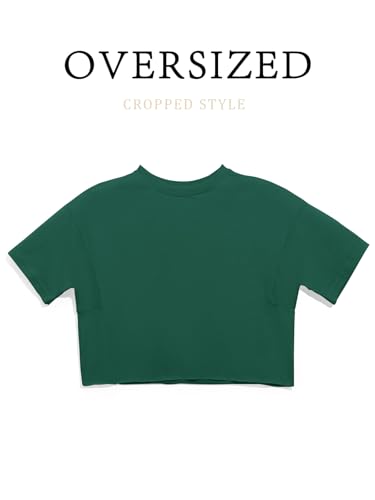 Image of Girls Athletic Oversized Crop Tops Kids Drop Shoulder Short Sleeve T Shirts Workout Tees 5-14 Years