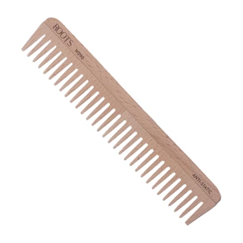 Image of ROOTS Wooden Comb | Wide Teeth | Rounded Teeth prevent Hair & Scalp damage | 100% Natural Wood | Anti-Frizz & Shine | For Long, Thick & Dry Hair | For Men & Women | Length - 7.4 Inch, Model No - WD90