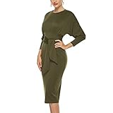 ❤Diseño: vestido delgado de manga larga de color sólido con cuello redondo, cintura anudada para resaltar la cintura, falda larga de un solo paso hasta la cadera es elegante y se puede usar para viajes diarios, cenas, etc.