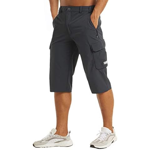 MAGCOMSEN 3/4 Radhose Herren Capri Wandern Hose Quick Dry Bermuda Shorts Gummibund Herren Trekkinghose Outdoor Knielange Hosen Leicht Jogginghose Kurze Cover