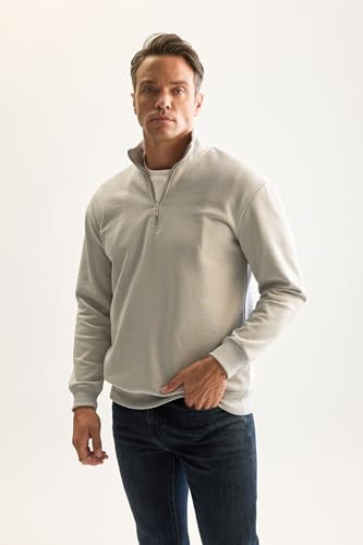 سويت شيرت رجالي منسوج بياقة واقفة وقصة مريحة من ديفاكتو، لون رمادي فاتح، مقاس لارج، موديل D9067AX