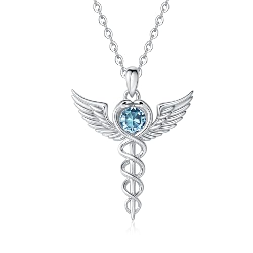 AIZANYU Medical Symbol Caduceus Necklace Sterling Silver Angle Wings Snake Birthstone Pendant Nursing Theme Stethoscope Jewelry Birthday Christmas Gifts for Women Nurse Doctor