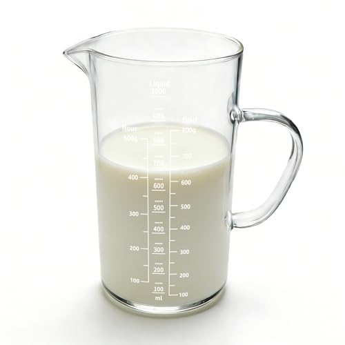 LUMITERRA 1L Messbecher Hohe Qualität Messkrug Glas Krug Borosilikatglas Präzise Skala Hitzebeständig Mikrowellen Geeignet Ergonomischer Griff für Kochen Backen Präzises Abmessen