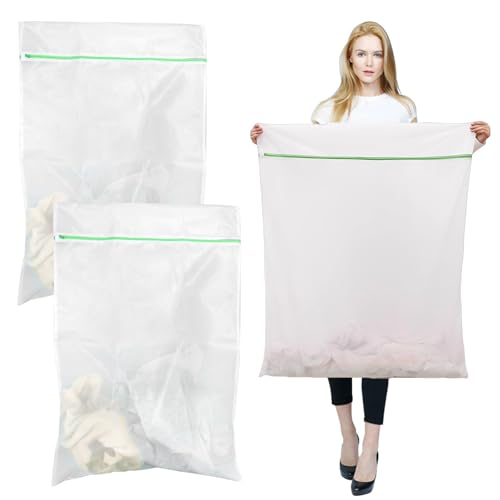 Lot de 2 Filet Linge Machine à Laver 60 x 90 cm, XXL Sac a Linge pour Machine a Laver en Maille, Sac de Lavage avec Fermeture Éclair, Réutilisables Filet de Lavage...