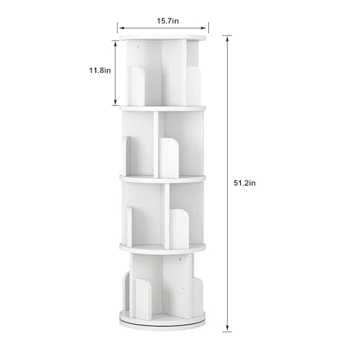 Rotating Bookshelf, 4-Tier Bookcase Storage Rack for Kids & Adults, Corner Spinning Book Shelf for Small Space, Wood Revolving Bookcase Organizer for Bedroom, Living Room, White