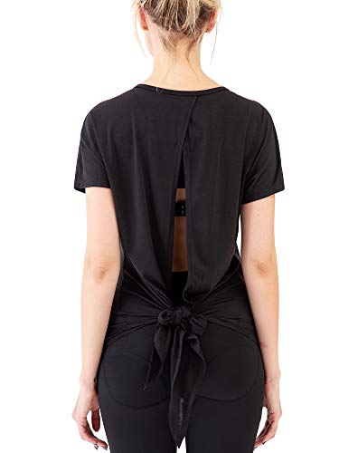 Neleus Women\'s 3 Pack Open Back Workout Shirt Yoga Top,Black/Grey/White,S,EU M - Thumbnail 3