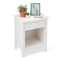 Amazon Basics Bedside Table, 1 Drawer and Storage Shelf, Solid Pine Wood Nightstand, Cabinet for Bedroom, Living Room or Office, 47.5 x 35 x 60 cm, White