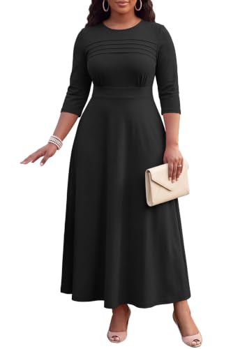 Image of FANDEE Fit-and-Flare Maxi Dress Round Neck Pleated Front Side Pockets | Front pleats soft flatter your bust shape; Empire Waist lengthen your figure; 3 /4 sleeves round neck suit for many occasions