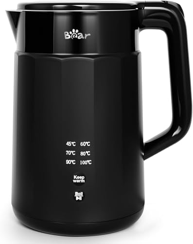 Bear Electric Kettle 1800W-2200W 1.7L 45C~100C 6 Temperatures Control Kettle with Auto-shut off and Keep Warm Function 304 Stainless Steel Dry Protection BPA Free Smart Fast Boil Black Kettle