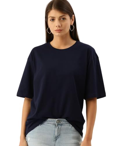 Image of Oversized Baggy Fit Drop Shoulder Half Sleeves Round Neck Solid Pure 100% Cotton T-Shirt for Women (Available in White, Black,Navy Color)