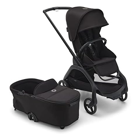 Bugaboo Dragonfly City Stroller with Full-Size Baby Bassinet and Toddler Seat, One Hand Easy Fold in Any Position, Full Suspension, Large Basket, Black Chassis and Midnight Black Sun Canopy Cover