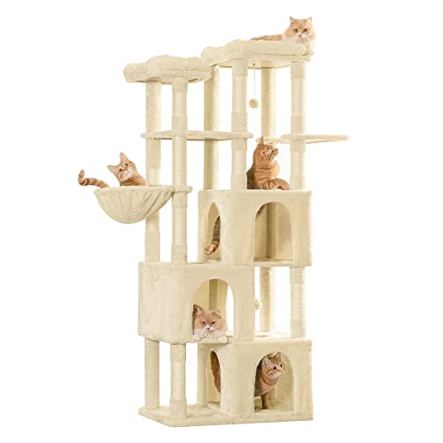 Image of MWPO Extra Large Cat Tree - 70.1-Inch Tall Cat Tower with 3 Cat Condos, Multi-Level Cat Stand for Large Cats Featuring Scratching Posts, Padded Perches, Hammock, Dangling Toys, Beige