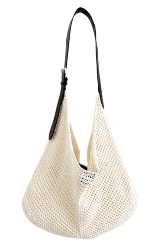 Women Large Cotton Crochet String Bag Slouchy Summer Beach Hobo Bag Knitted Vacation Purse Bohemian Shoulder Crossbody Bag