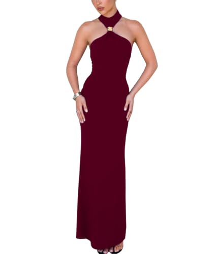 Image of Women High Neck Bodycon Dress Summer Casual Sleeveless Back Slit Elegant Party Cocktail Maxi Formal Dresses