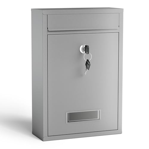 Wiltec Buzón V11 Gris Plata casilla de Correo de Pared de Acero con Recubrimiento en Polvo con Placa de identificación, Ranura Amplia para Cartas y 2 Llaves