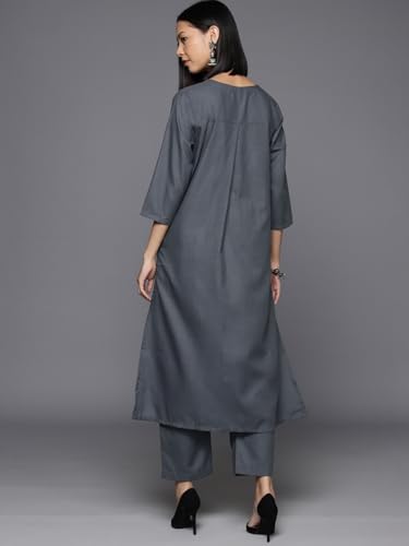 Image of Varanga Women's Violet Strap Kurta with Tonal Bottom & Printed Dupatta - Round Neck, Side Slit Design, Stylish & Comfortable