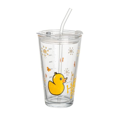 Image of Glass Coffe Mug with Lid and Straw, Glass Reusable Sipper Bottle with Leather Sleeve Glasss Coffee Mug with Silicone Straw and Leakproof Lid Tumbler for Coffee (Cartoon Mug)