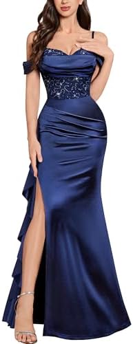 MIUSOL Women's Elegant Sequin Lace High Split Ruffle Satin Fishta...