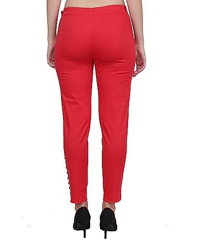 Image of POPWINGS Women Casual Mid Rise Stretchable Red Cotton Trouser