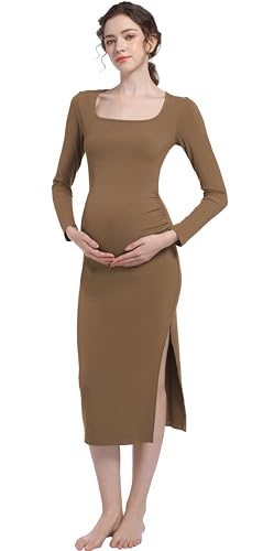 Foucome Vestido de maternidad, cuello cuadrado, manga larga, acanalado, con abertura, vestido ajustado para sesión de fotos de embarazo, ropa de baby shower, café, M