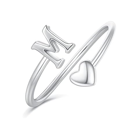 Ailetop Heart Initial Rings for Teen Girls Women, Silver Initial Heart Ring Stackable Rings for Women Adjustable Initial Rings for Teen Girls Women Cute Heart Letter M Rings for Teen Girls Cover