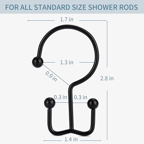 Goowin Shower Curtain Hooks, 12 Pcs Shower Curtain Rings, Durable Rust Proof Black Shower Curtain Hooks, Shower Rings for Curtain, Double Glide Shower Hooks for Shower Curtain Rods, Black — view 4
