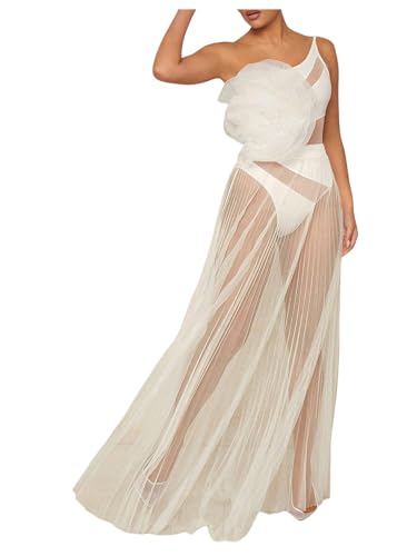 OYOANGLE Women's Sheer Mesh Maxi Flowy Skirt High Waist Vacation Concert Bridal A Line Long Skirts White Medium