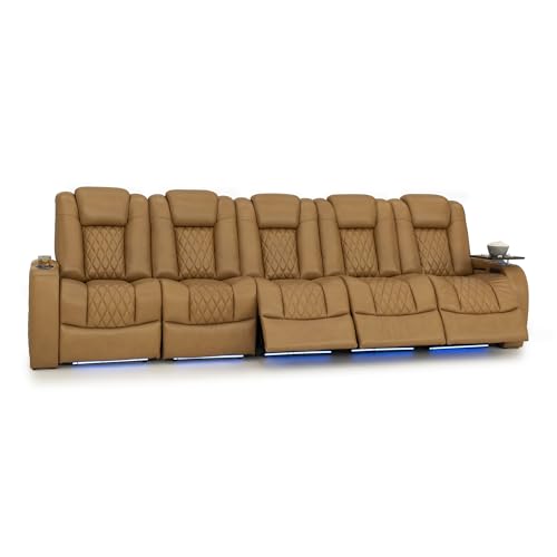 Image of Seatcraft Diamante Tan Oak Italian Leather Home Theater Seating, Zero Gravity Power Recliner Gaming and Home Office Chair, Powered Headrest Lounge Sofa Furniture for Cinema Room, Row of 5 Sofa