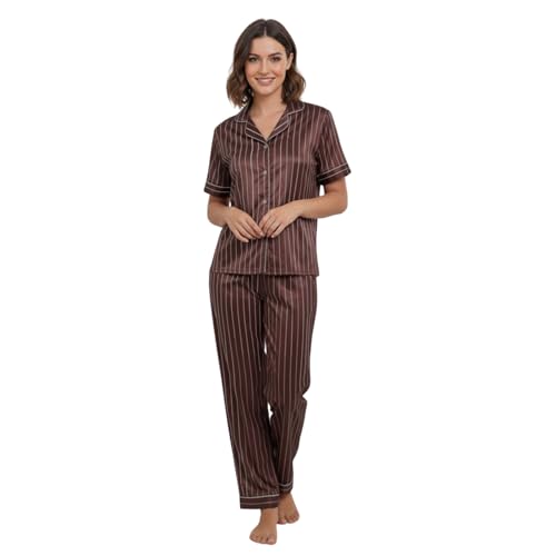 Pyjama rayé pour femme en 2 pièces avec col en V boutonné et manches longues taille 36 à 42