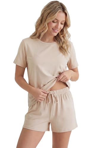 Image of LUBOT Pajamas for Women Set Bamboo Viscose with Cotton Cooling Soft 2 Piece PJ Sets Short Sleeve Nightwear S-2XL