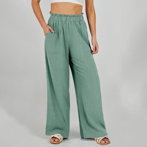 Linen Pants Women Summer Casual Loose Elastic High Waisted Wide Leg Pants with Pockets Boho Beach Straight Leg Trousers3