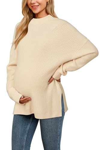 OUGES Women's Oversized Wool Sweater – Apricot Ribbed Pullover Top for Winter